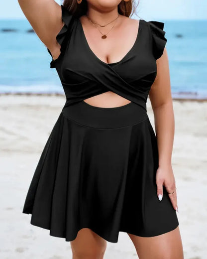 One Piece Swimsuit Ruffle Cutout Swimdress Tummy Control V Neck