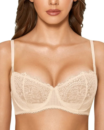Women's Sexy Lace Push Up Plus Size Bra Sheer Balconette Underwire Unlined
