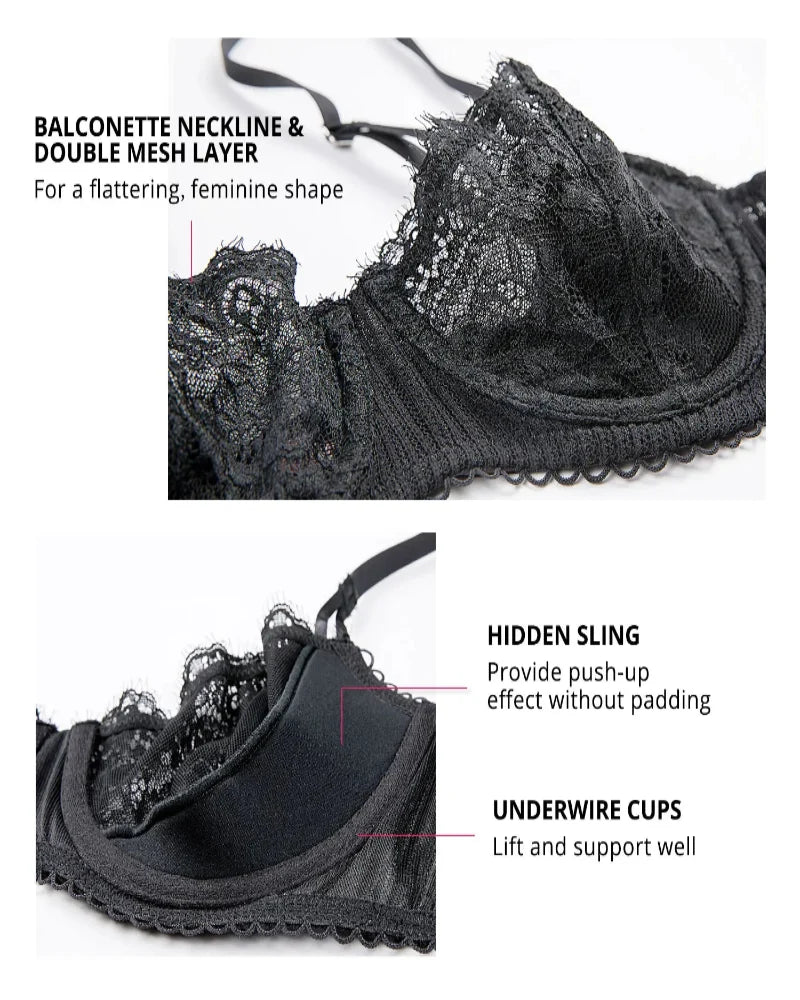 Women's Sexy Lace Push Up Plus Size Bra Sheer Balconette Underwire Unlined