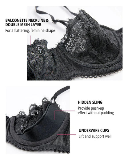 Women's Sexy Lace Push Up Plus Size Bra Sheer Balconette Underwire Unlined