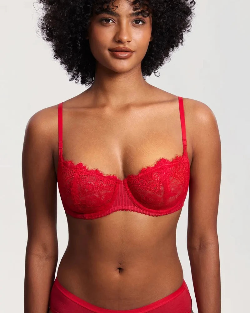 Women's Sexy Lace Push Up Plus Size Bra Sheer Balconette Underwire Unlined