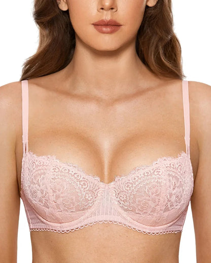 Women's Sexy Lace Push Up Plus Size Bra Sheer Balconette Underwire Unlined