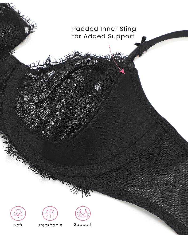 Women's Sexy Lace Push Up Plus Size Bra Sheer Balconette Underwire Unlined