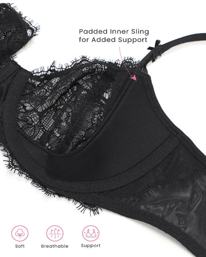 Women's Sexy Lace Push Up Plus Size Bra Sheer Balconette Underwire Unlined