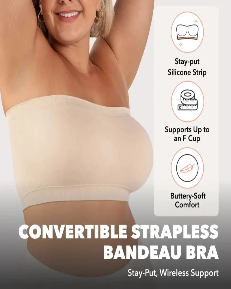Convertible Strapless Bandeau Bra with Wireless Comfort, Anti-Slip Grip & Removable Straps