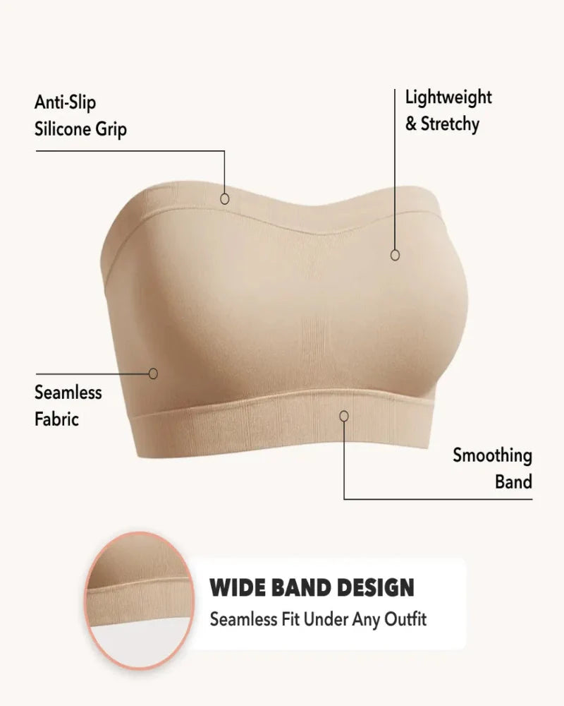 Convertible Strapless Bandeau Bra with Wireless Comfort, Anti-Slip Grip & Removable Straps