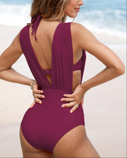 Two-Piece Deep Plunge Swimsuit with Halter Bra Overlay