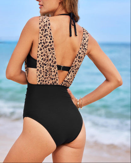 Two-Piece Deep Plunge Swimsuit with Halter Bra Overlay