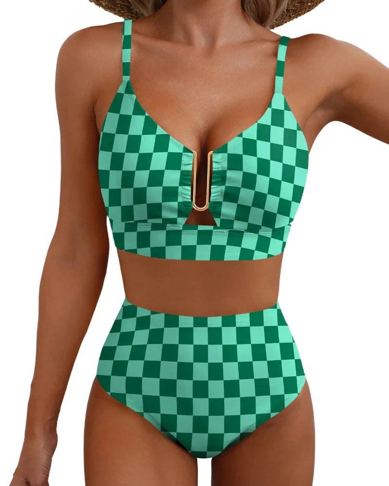 2 Piece Tummy Control  Bikini Set U-Wire Cutout Swimsuit