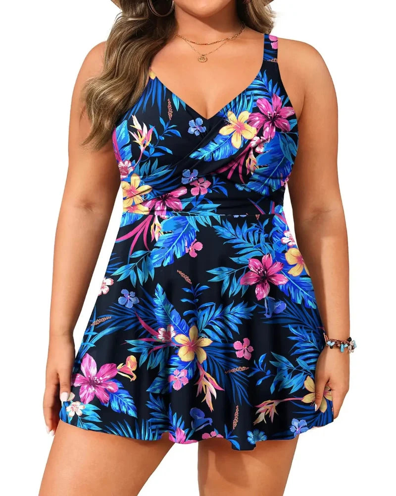 Plus Size Swim Dress - Two Piece Tankini Swimsuit Tummy Control Bathing Suit with Shorts