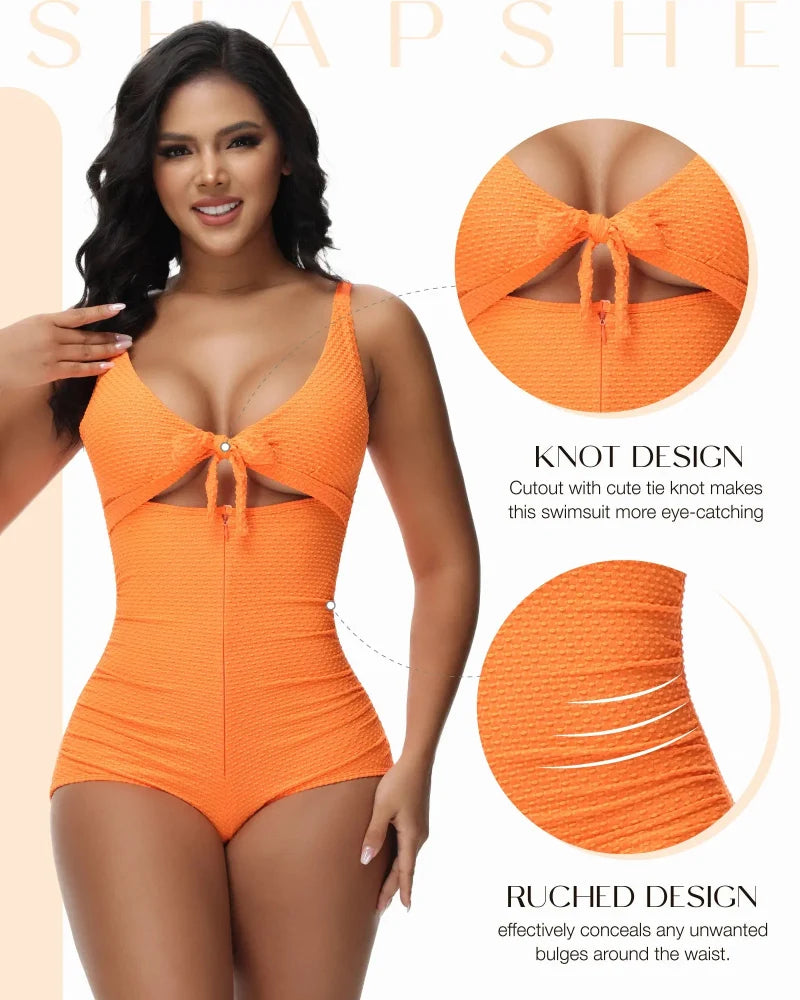 Plus Size Tummy Control One Piece Swimsuit Cutout Tie Knot Slimming Bathing Suit