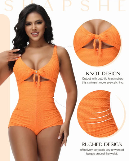 Plus Size Tummy Control One Piece Swimsuit Cutout Tie Knot Slimming Bathing Suit