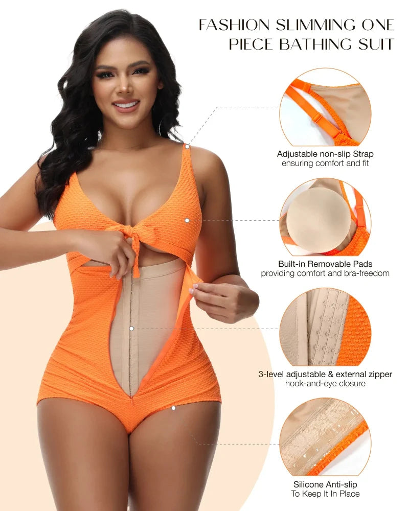 Plus Size Tummy Control One Piece Swimsuit Cutout Tie Knot Slimming Bathing Suit