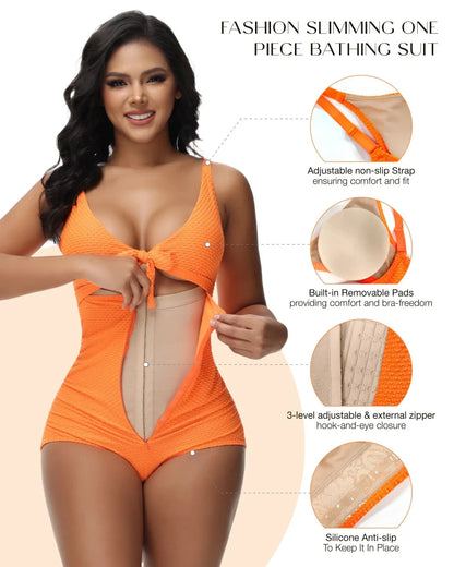 Plus Size Tummy Control One Piece Swimsuit Cutout Tie Knot Slimming Bathing Suit