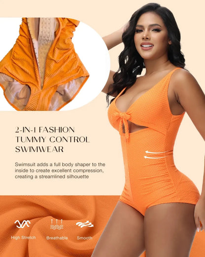 Plus Size Tummy Control One Piece Swimsuit Cutout Tie Knot Slimming Bathing Suit
