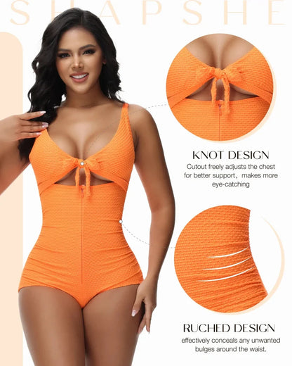 Plus Size Tummy Control One Piece Swimsuit Cutout Tie Knot Slimming Bathing Suit