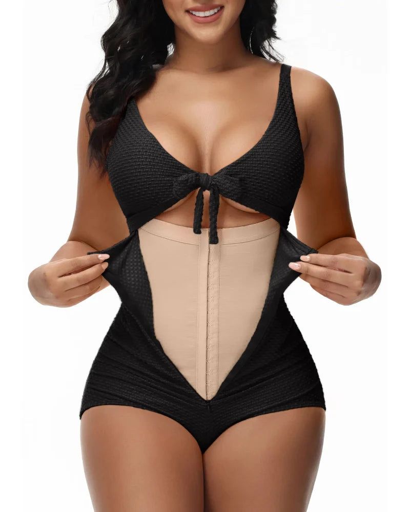 Plus Size Tummy Control One Piece Swimsuit Cutout Tie Knot Slimming Bathing Suit