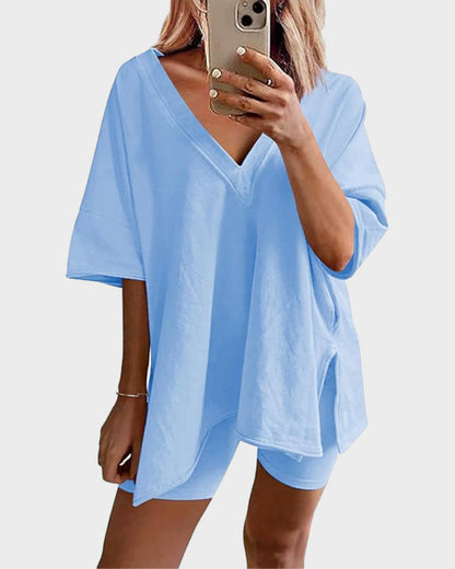 Casual 2-Piece Loungewear Set Oversized Split Hem Top & Fitted Shorts