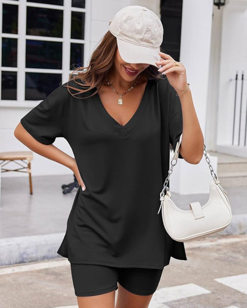 Casual 2-Piece Loungewear Set Oversized Split Hem Top & Fitted Shorts