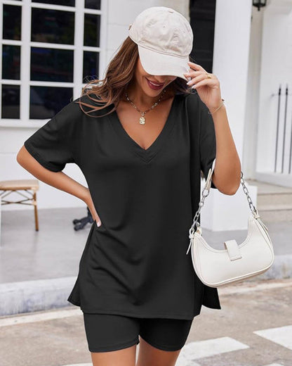 Casual 2-Piece Loungewear Set Oversized Split Hem Top & Fitted Shorts