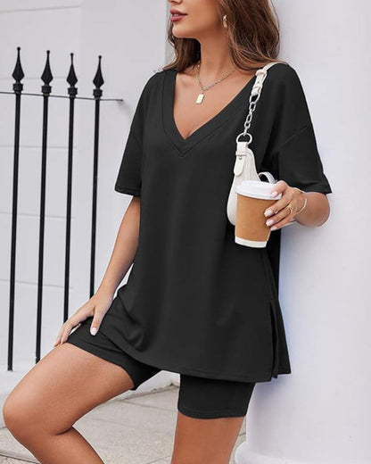 Casual 2-Piece Loungewear Set Oversized Split Hem Top & Fitted Shorts