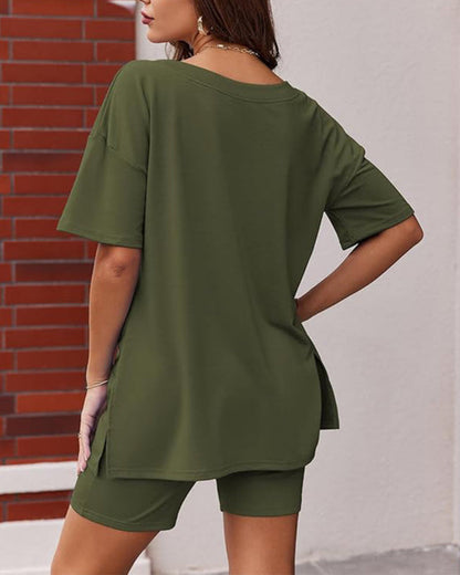Casual 2-Piece Loungewear Set Oversized Split Hem Top & Fitted Shorts