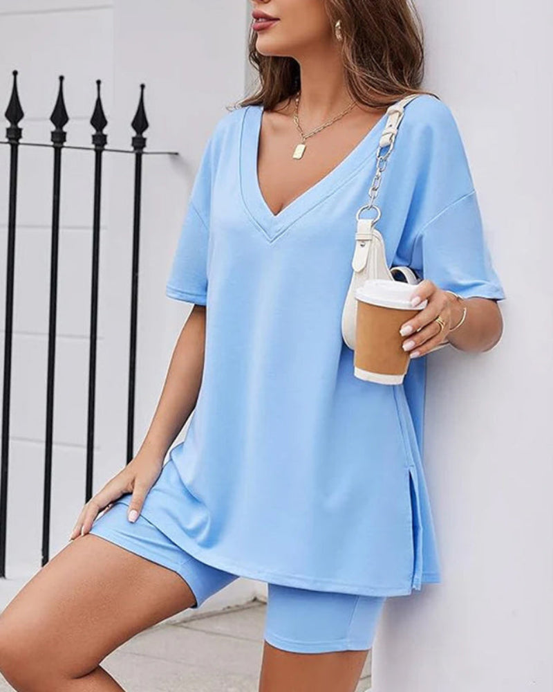 Casual 2-Piece Loungewear Set Oversized Split Hem Top & Fitted Shorts