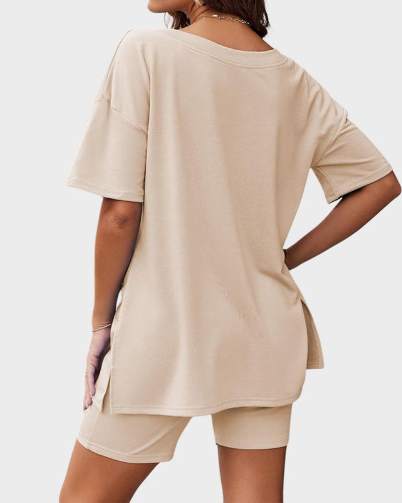 Casual 2-Piece Loungewear Set Oversized Split Hem Top & Fitted Shorts