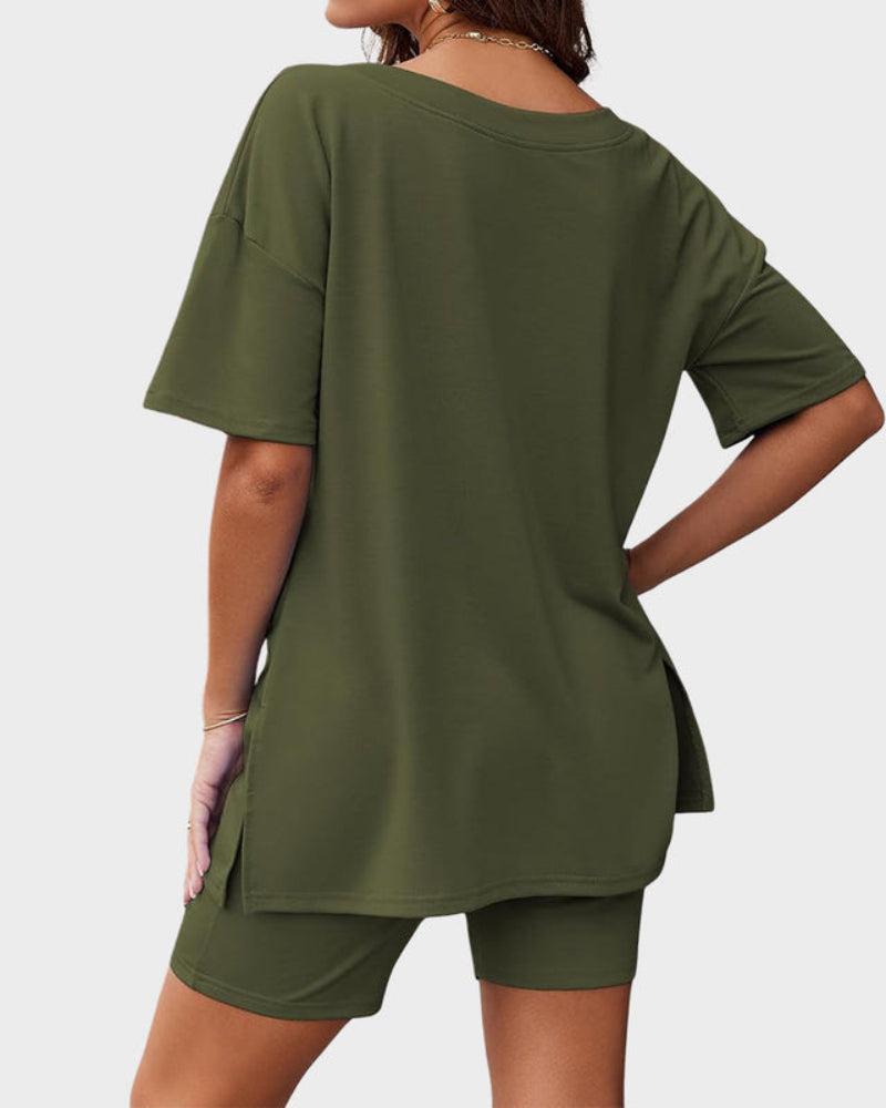 Casual 2-Piece Loungewear Set Oversized Split Hem Top & Fitted Shorts