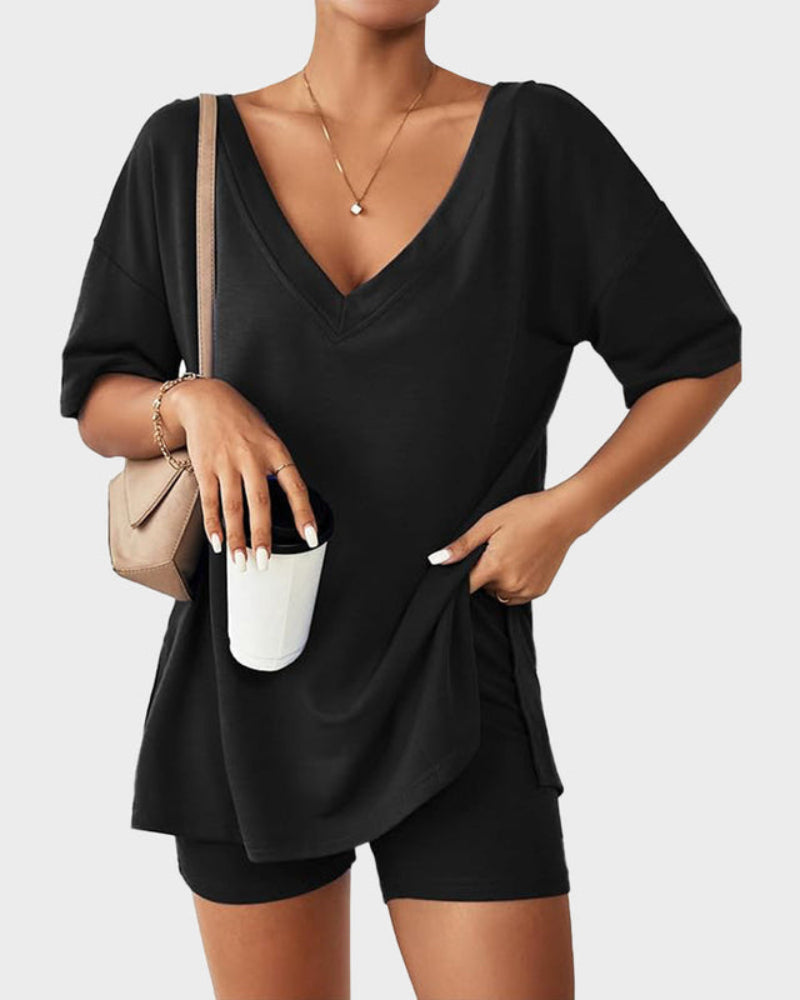 Casual 2-Piece Loungewear Set Oversized Split Hem Top & Fitted Shorts