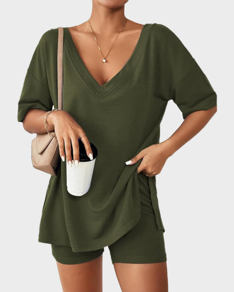 Casual 2-Piece Loungewear Set Oversized Split Hem Top & Fitted Shorts