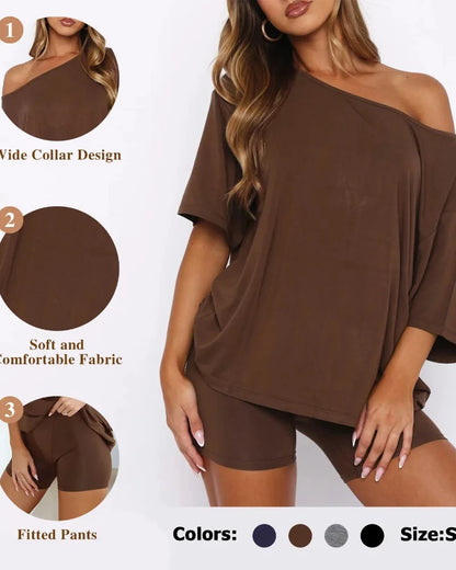 Women’s Two Piece Lounge Set Off Shoulder Top and Shorts