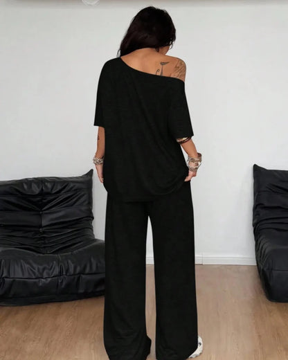 Women's Off-Shoulder Tee Wide-Leg Pants 2P Set