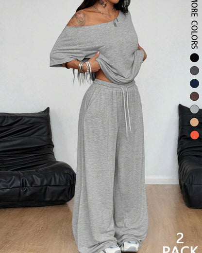 Women's Off-Shoulder Tee Wide-Leg Pants 2P Set