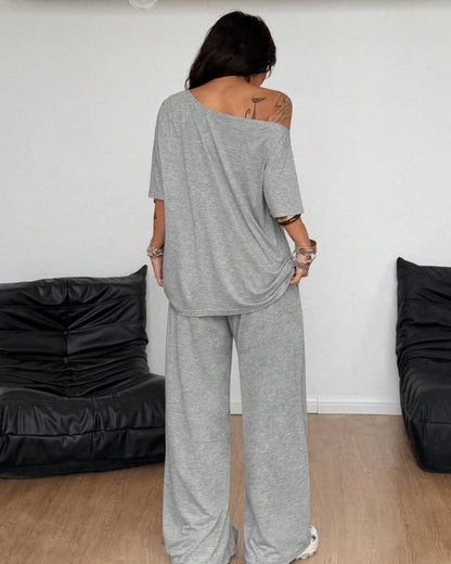 Women's Off-Shoulder Tee Wide-Leg Pants 2P Set