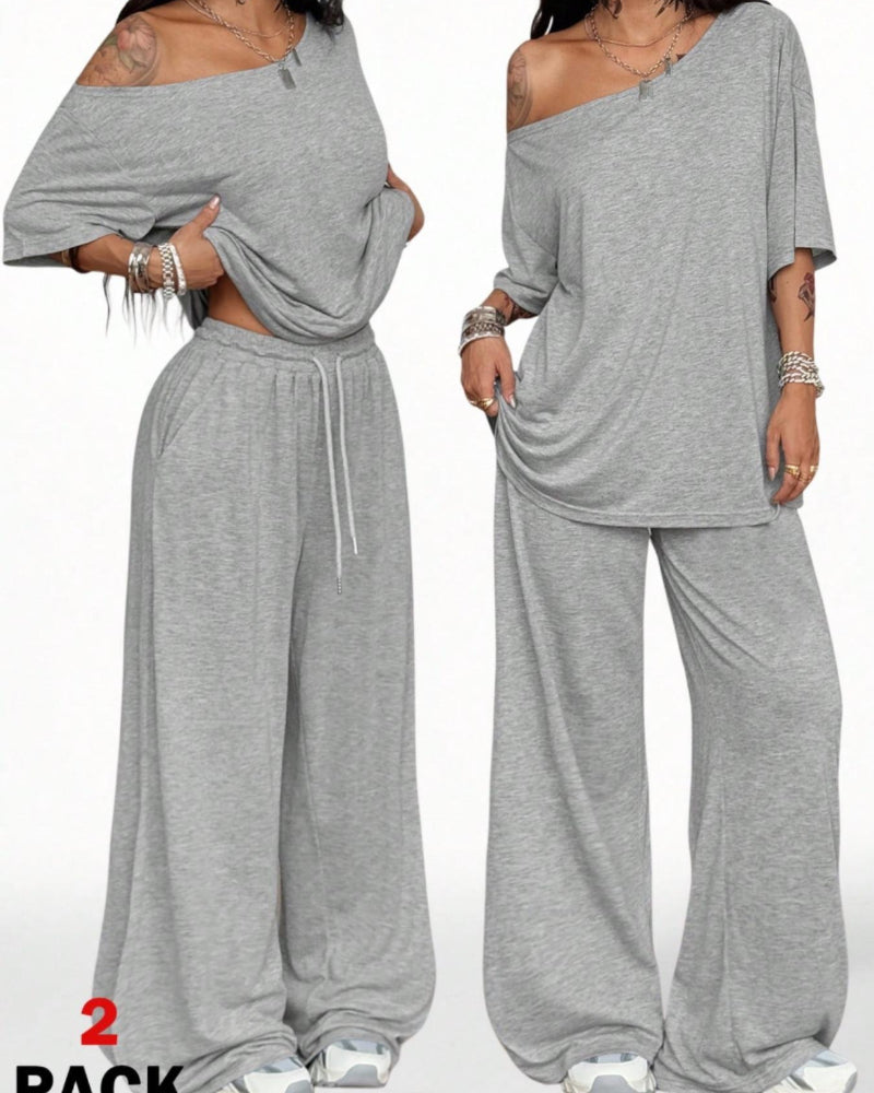 Women's Off-Shoulder Tee Wide-Leg Pants 2P Set