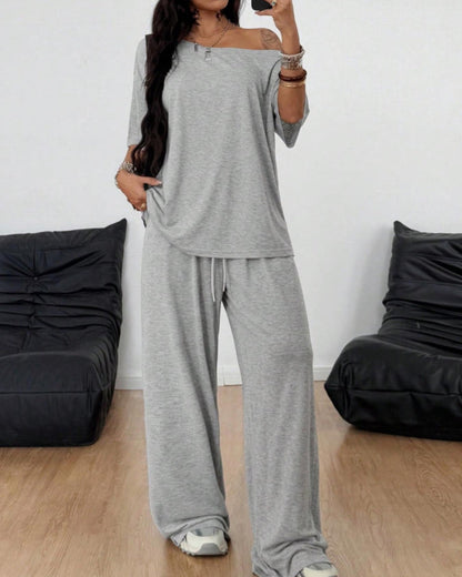 Women's Off-Shoulder Tee Wide-Leg Pants 2P Set