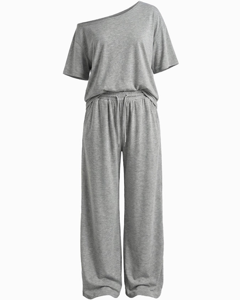 Women's Off-Shoulder Tee Wide-Leg Pants 2P Set