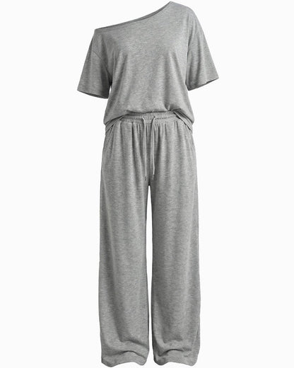 Women's Off-Shoulder Tee Wide-Leg Pants 2P Set