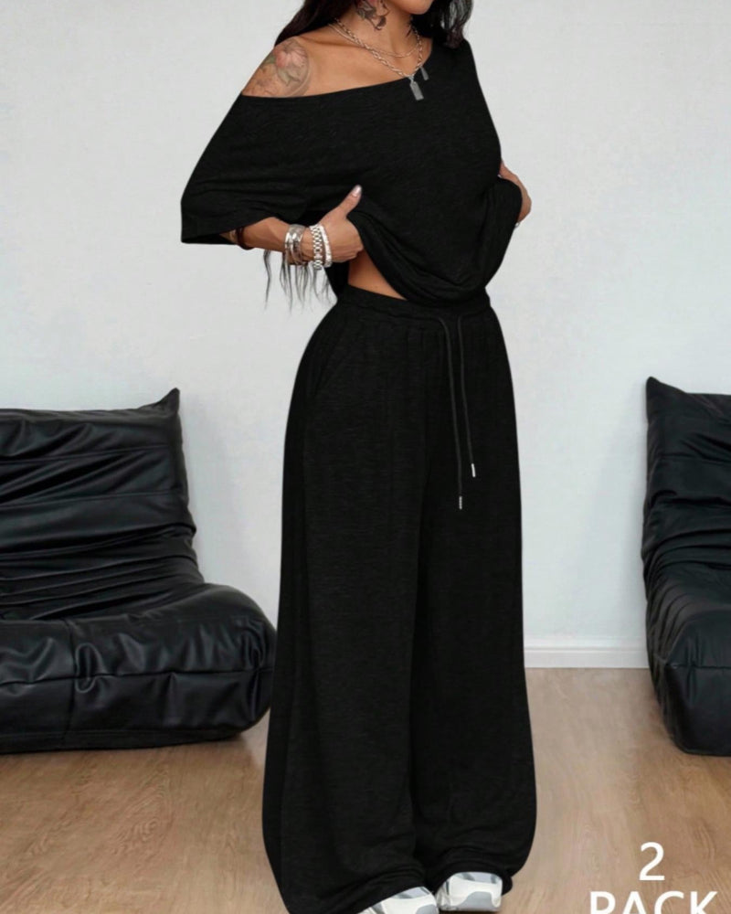 Women's Off-Shoulder Tee Wide-Leg Pants 2P Set