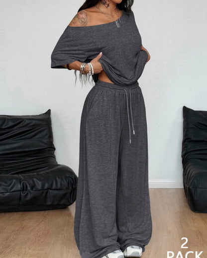 Women's Off-Shoulder Tee Wide-Leg Pants 2P Set