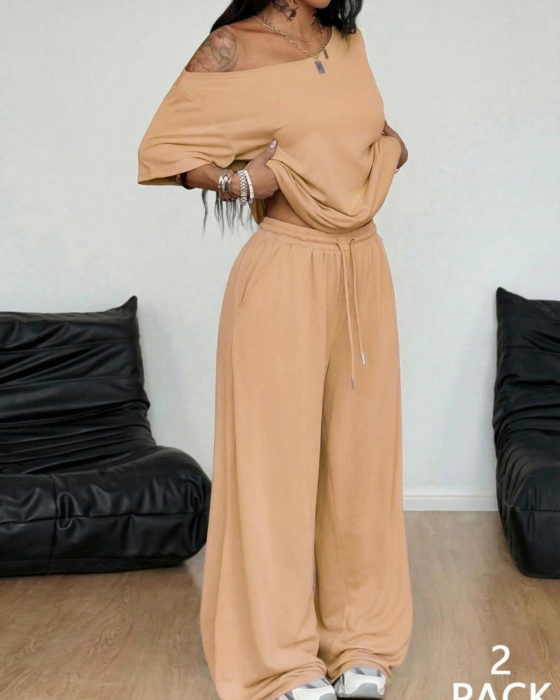 Women's Off-Shoulder Tee Wide-Leg Pants 2P Set