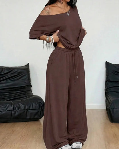 Women's Off-Shoulder Tee Wide-Leg Pants 2P Set