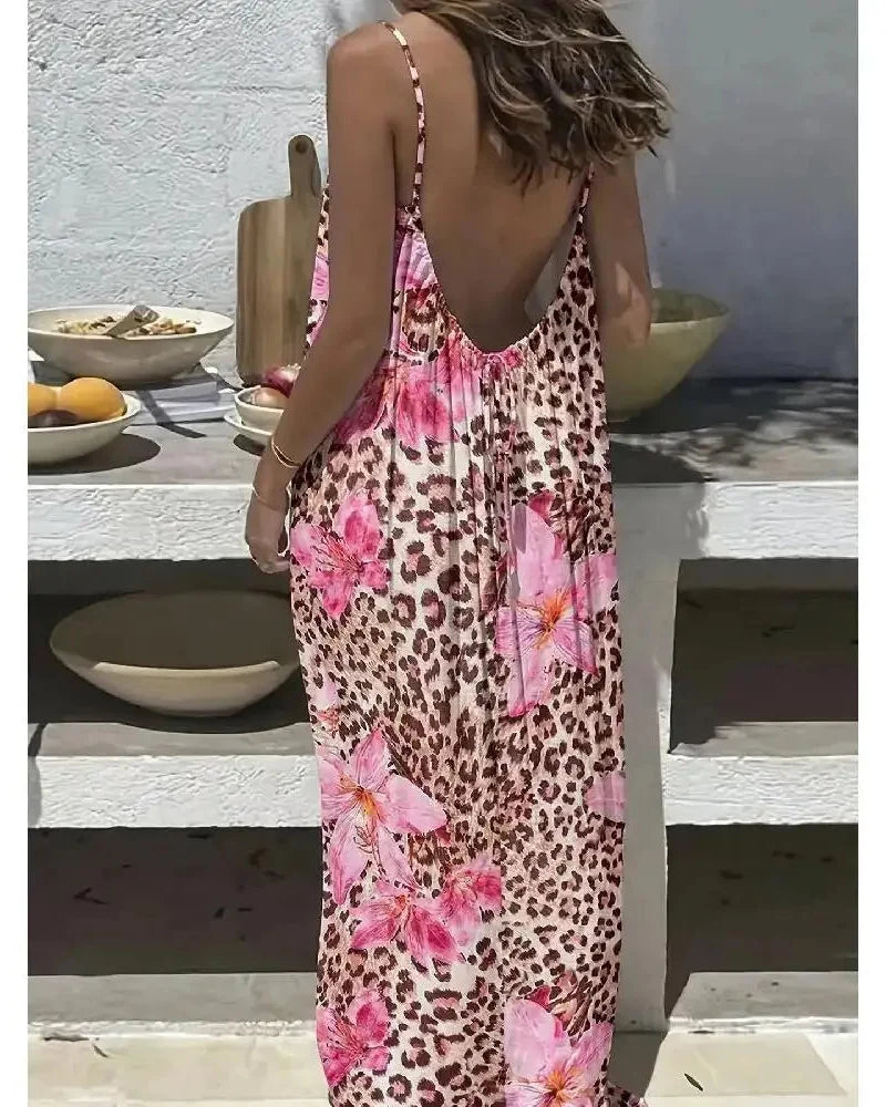 Women’s Backless Maxi Dress Leopard and Stripe Print Sleeveless Summer Dress