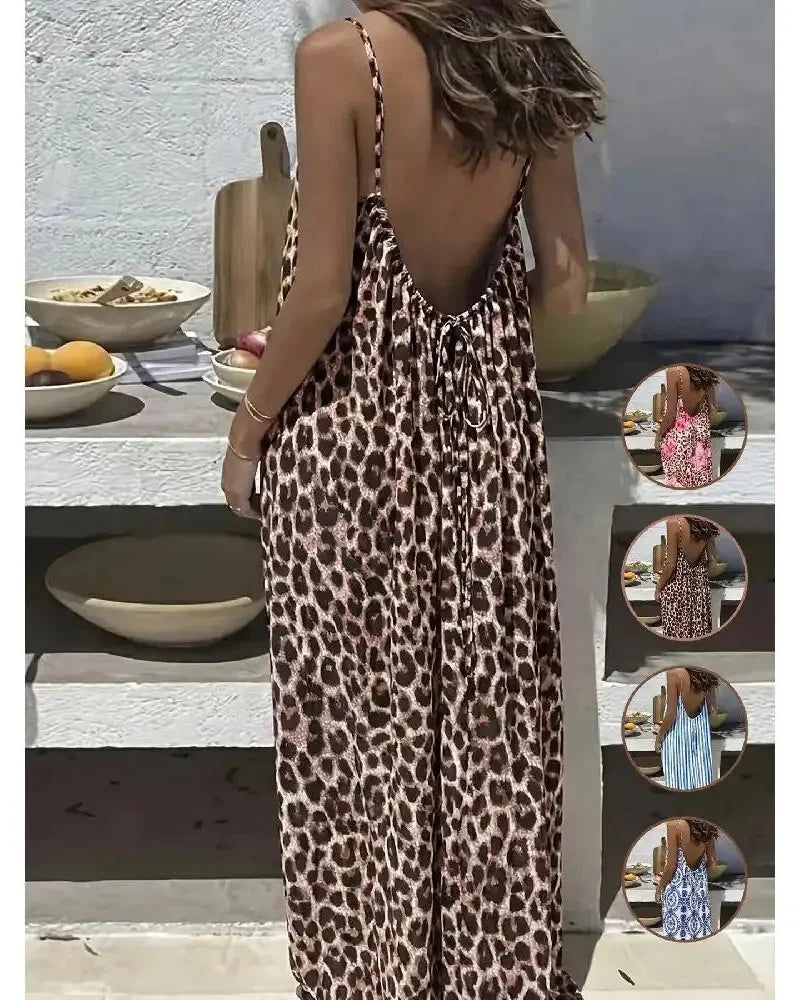 Women’s Backless Maxi Dress Leopard and Stripe Print Sleeveless Summer Dress