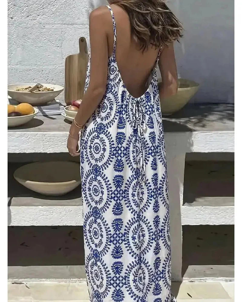 Women’s Backless Maxi Dress Leopard and Stripe Print Sleeveless Summer Dress