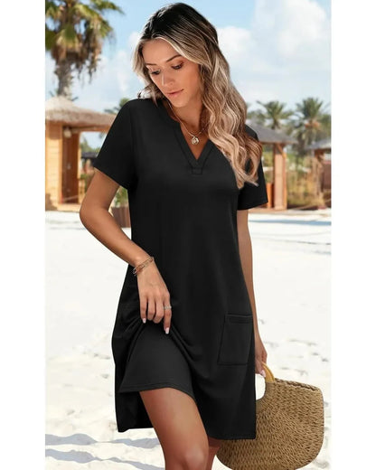 Summer 2026 Women’s V-Neck Casual Short Sleeve Dress Beach Wedding Vacation Wear
