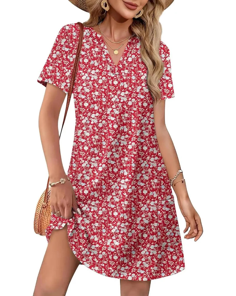 Summer 2026 Women’s V-Neck Casual Short Sleeve Dress Beach Wedding Vacation Wear