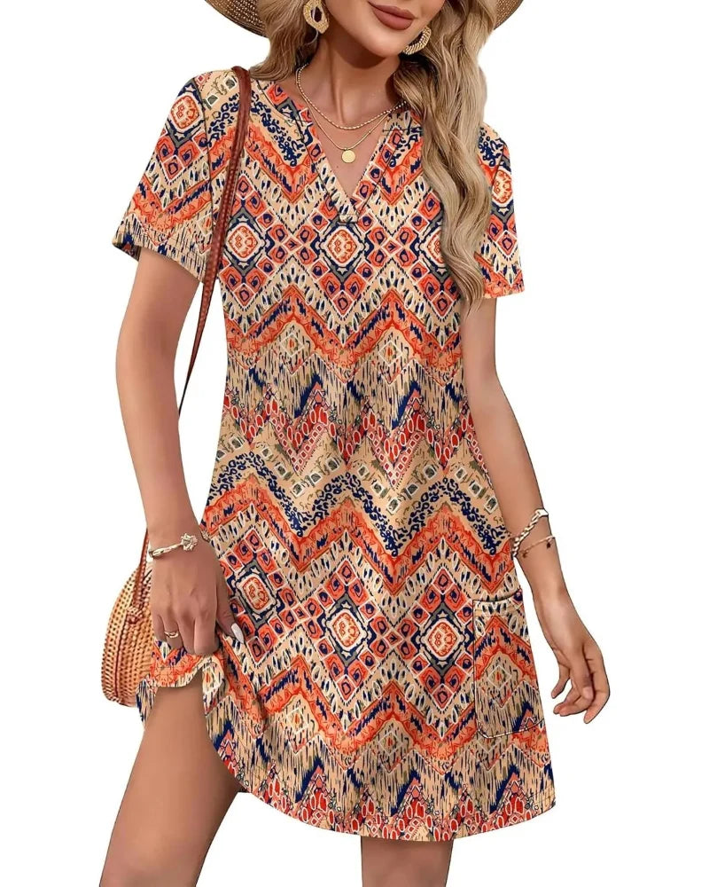 Summer 2026 Women’s V-Neck Casual Short Sleeve Dress Beach Wedding Vacation Wear