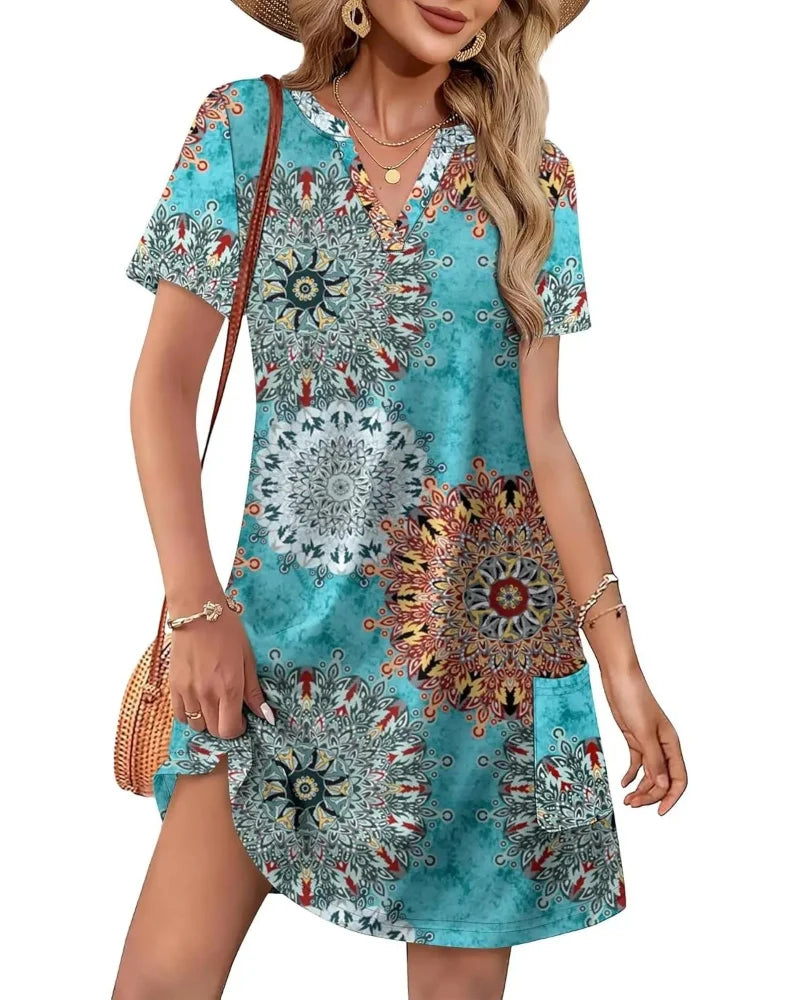 Summer 2026 Women’s V-Neck Casual Short Sleeve Dress Beach Wedding Vacation Wear